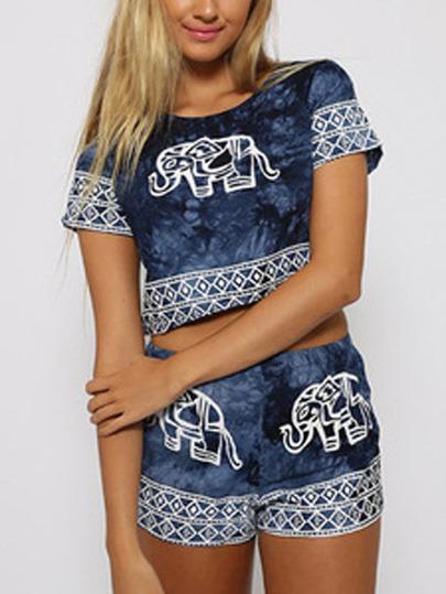 Shein Cute Elephant Print Crop Top And Short Set