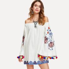 Shein Pom Pom Embroidery Bardot Dress