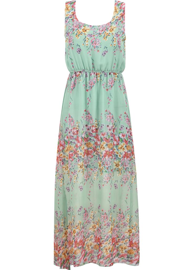 Shein Green Fling Sleeveless Floral Chiffon Maxi Dress