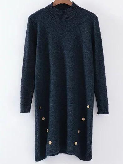 Shein Navy Button Detail Crew Neck Sweater Dress