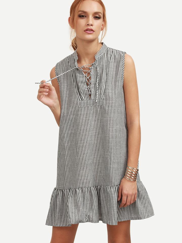 Shein Black Vertical Striped Lace-up Ruffled Hem Dress