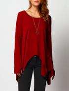 Shein Burgundy Long Sleeve Asymmetrical T-shirt