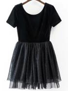 Shein Black Scoop Neck Back Velvet Gauze Flare Party Dress