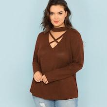 Shein Plus Crisscross Choker Neck Rib Knit Tee