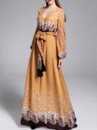Shein Camel V Neck Tie-waist Print A-line Dress