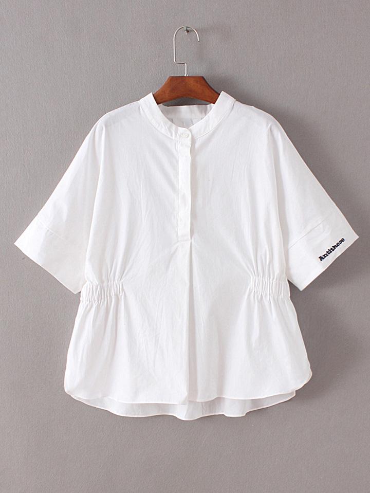 Shein White Band Collar Embroidery High Low Blouse