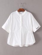 Shein White Band Collar Embroidery High Low Blouse