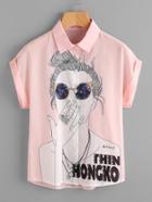 Shein Girl Print Cuffed Chiffon Shirt
