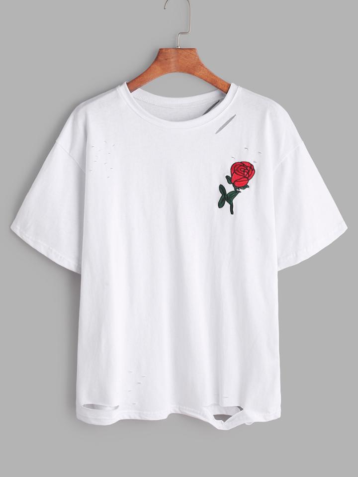 Shein White Rose Embroidered Ripped T-shirt