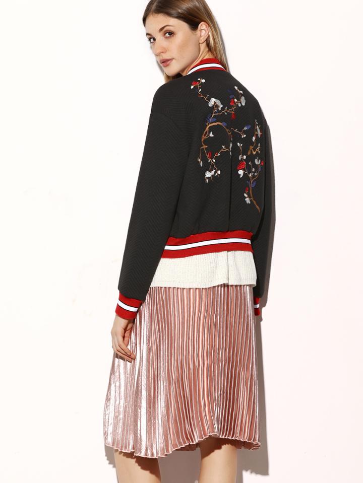 Shein Black Striped Trim Chevron Pattern Embroidered Bomber Jacket
