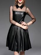Shein Black Contrast Gauze Pleated Sheer Pu Dress
