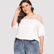 Shein Plus Contrast Mesh Knot Sleeve Blouse