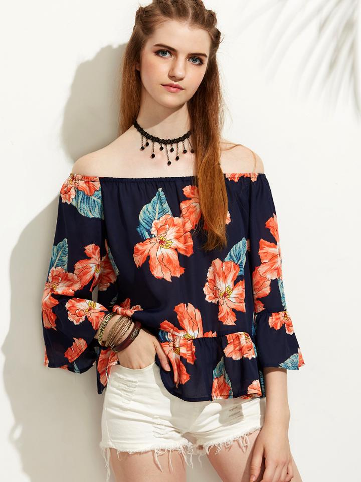 Shein Floral Print Off The Shoulder Ruffle Hem Blouse