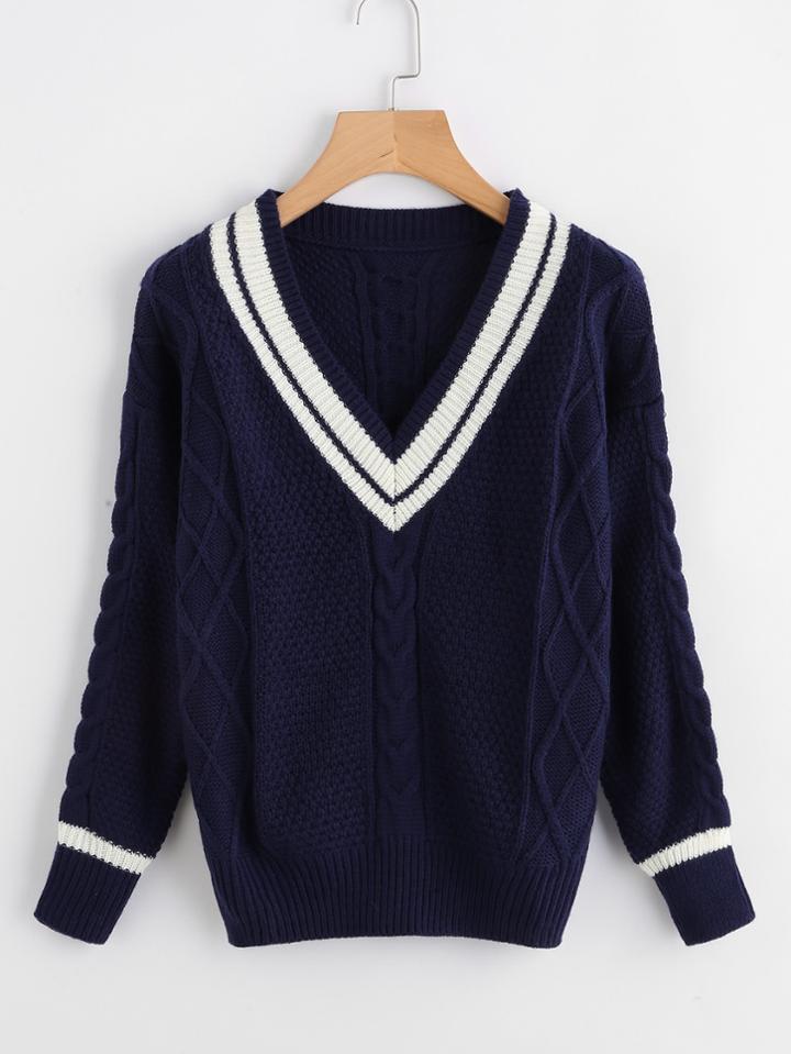 Shein V Neckline Striped Trim Knit Sweater