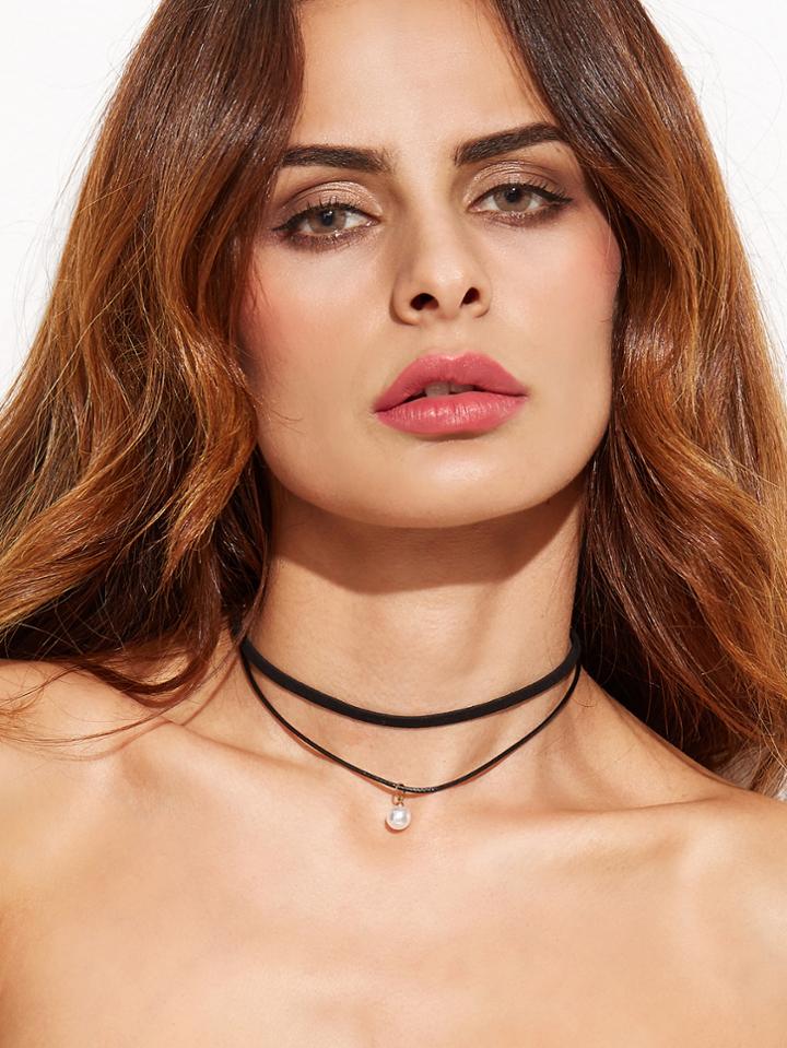 Shein Black Layered Faux Pearl Choker Necklace