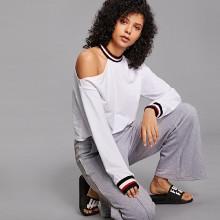 Shein Mock Neck Contrast Tape Cut Out Shoulder Sweatshirt