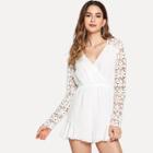 Shein Guipure Lace Raglan Sleeve Surplice Wrap Romper