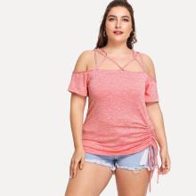 Shein Plus Strappy Cold Shoulder Drawstring Detail Space Dye Tee