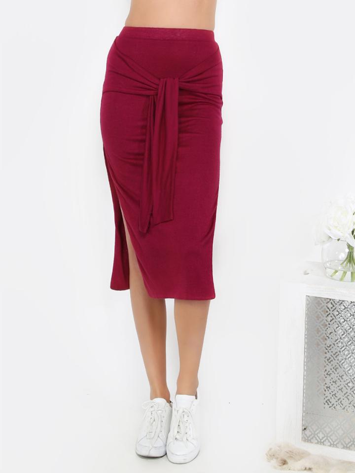 Shein Burgundy Tie Waist Sheath Skirt