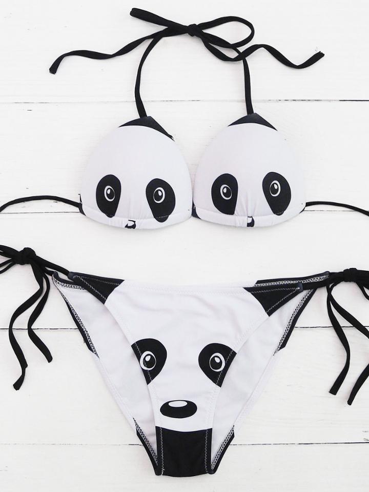 Shein Panda Pattern Side Tie Triangle Bikini Set