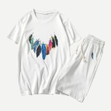 Shein Men Feather Print Tee With Drawstring Shorts