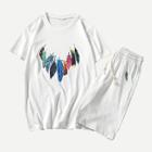 Shein Men Feather Print Tee With Drawstring Shorts
