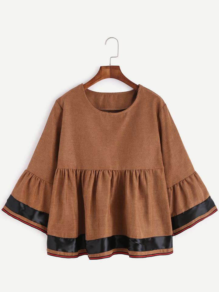 Shein Khaki Striped Trim Ruffle Blouse