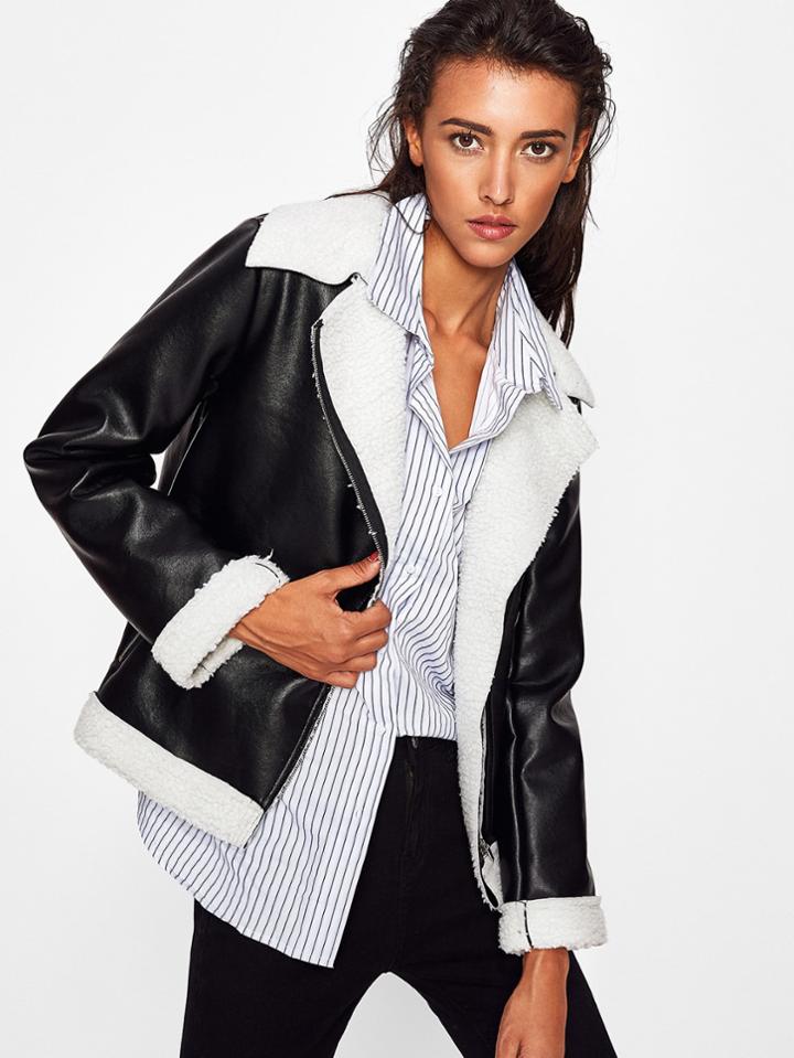 Shein Contrast Sherpa Lining Moto Jacket