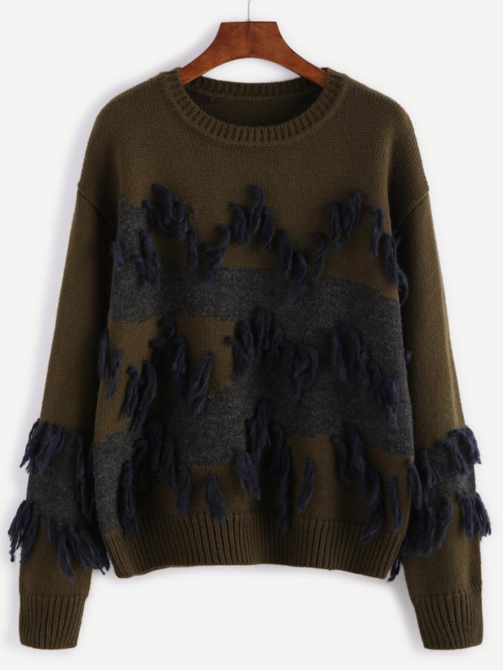 Shein Olive Green Contrast Panel Tassel Trim Sweater