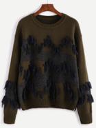 Shein Olive Green Contrast Panel Tassel Trim Sweater