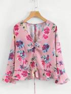 Shein Ruffle Hem Floral Blouse With Drawstring