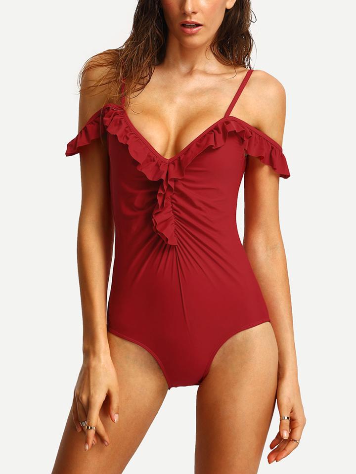 Shein Ruffled Cold Shoulder Shirred One-piece Swimwear