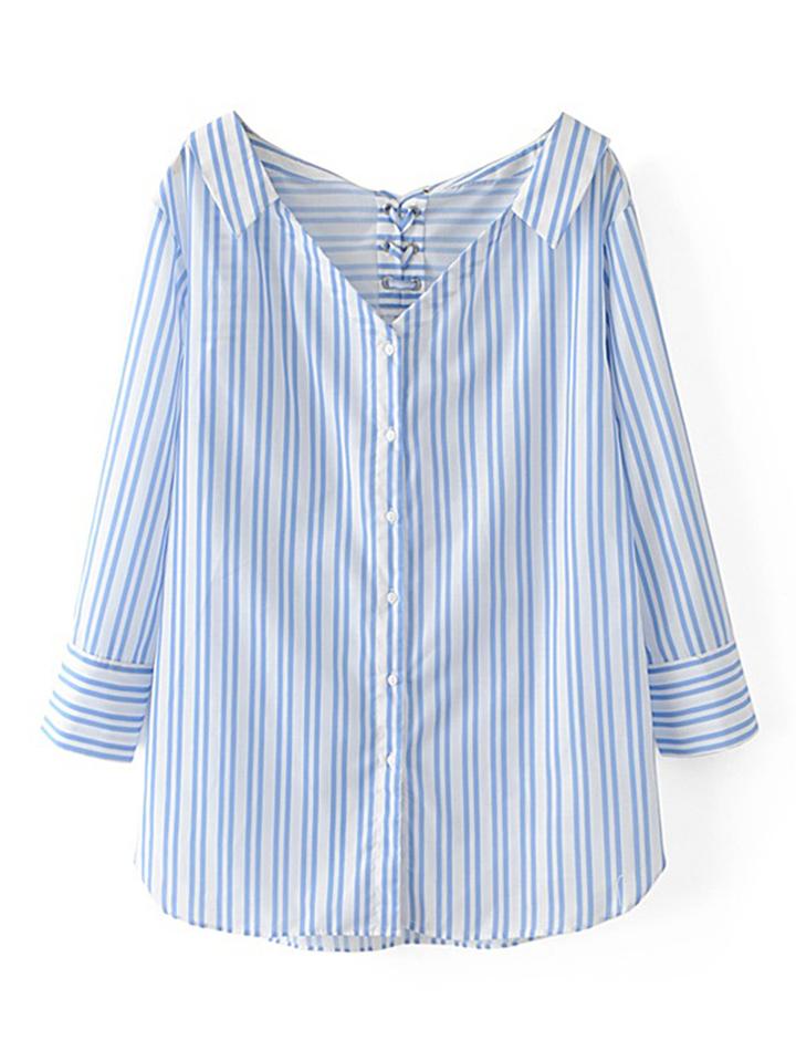 Shein Vertical Striped Eyelet Lace Up Back Blouse