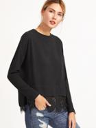 Shein Black Floral Lace Trim Split Back T-shirt