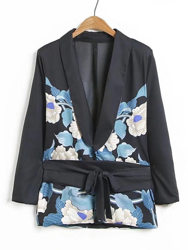Shein Flower Print Shawl Collar Self Tie Blazer