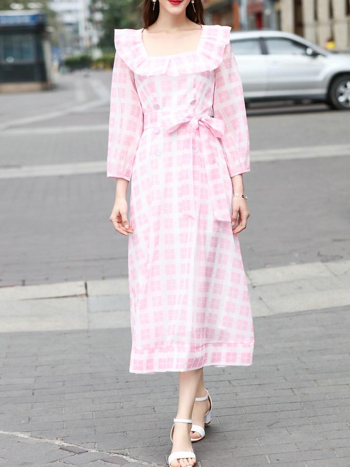 Shein Boat Neck Ruffle Plaid Bowknot Dress