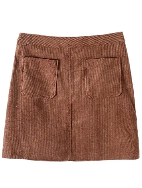 Shein Brown High Waist Buttons Side Pockets Corduroy Skirt
