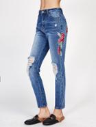 Shein Flower Embroidered Knee Ripped Jeans