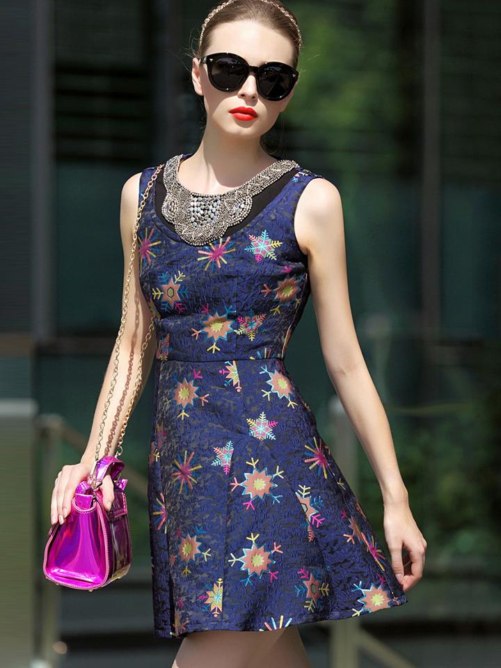Shein Navy Round Neck Sleeveless Beading Embroidered Dress