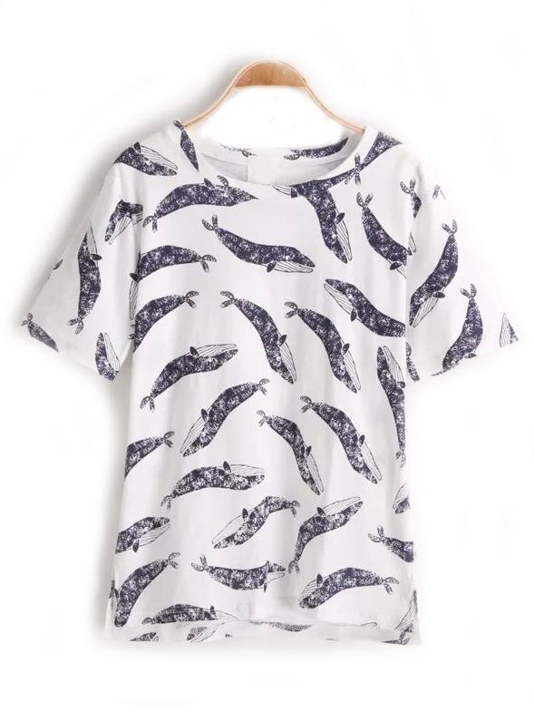 Shein White Crew Neck Shark Print T-shirt