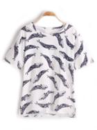 Shein White Crew Neck Shark Print T-shirt