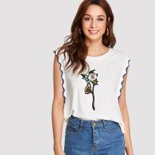 Shein Flower Embroidered Chevron Trim Muscle Tee