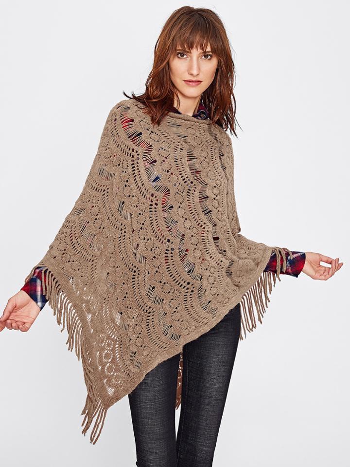 Shein Hollow Out Fringe Poncho Sweater