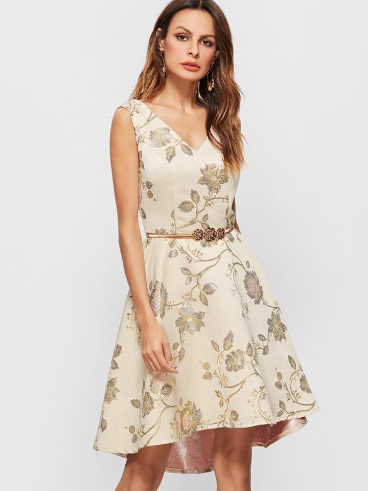 Shein Apricot Flower Embroidery Double V Neck Sleeveless Dress With Metal Belt