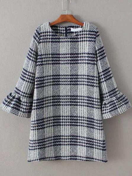 Shein Navy Plaid Bell Sleeve Zipper Back Dress