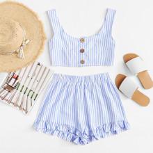 Shein Single Breasted Striped Top With Shorts
