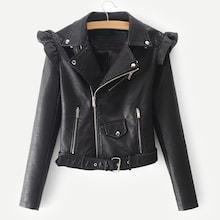 Shein Faux Leather Ruffle Trim Belted Biker Jacket