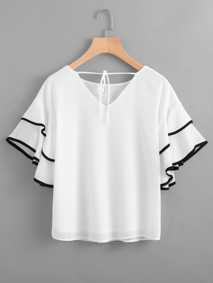 Shein Contrast Trim Tiered Frill Cuff Tie Back Top