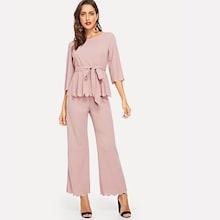 Shein Tie Waist Scallop Trim Peplum Top And Pants Set
