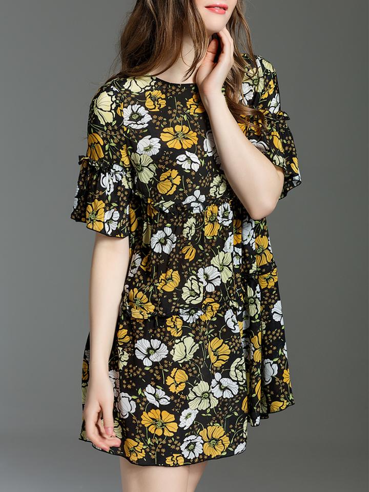 Shein Black Bell Sleeve Floral Shift Dress